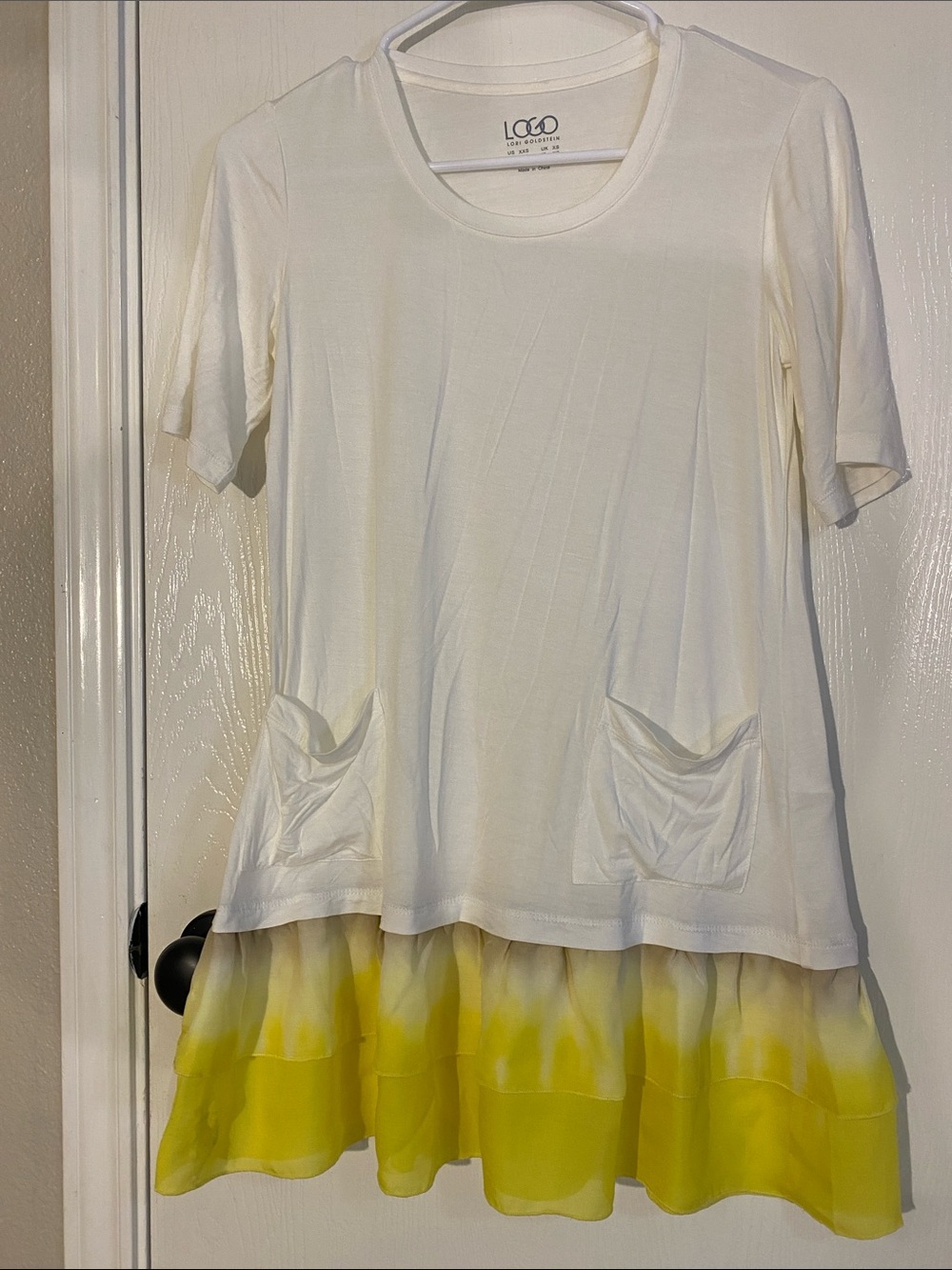 LOGO by Lori Goldstein Ivory Tunic Top with Yellow Hem